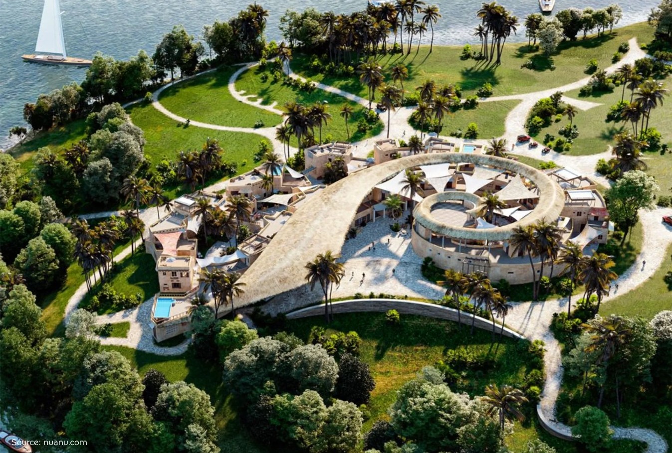 Aerial view of a unique spiral architectural development near Nyanyi beach, perfect for real estate investment.