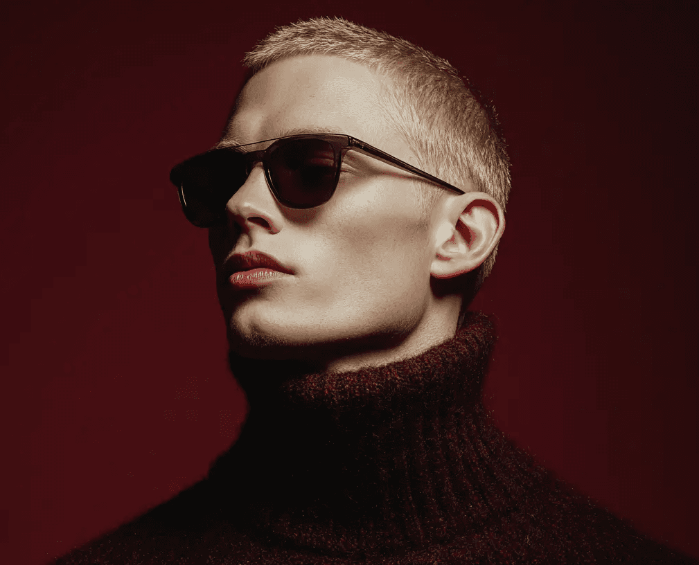 Minimal fashion portrait of a man wearing black sunglasses against a red background.