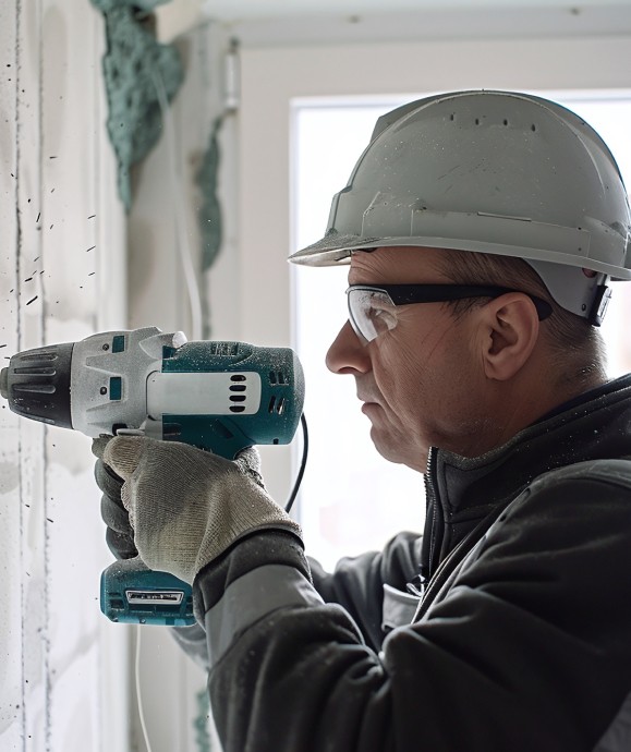 Electrician drilling in a wall