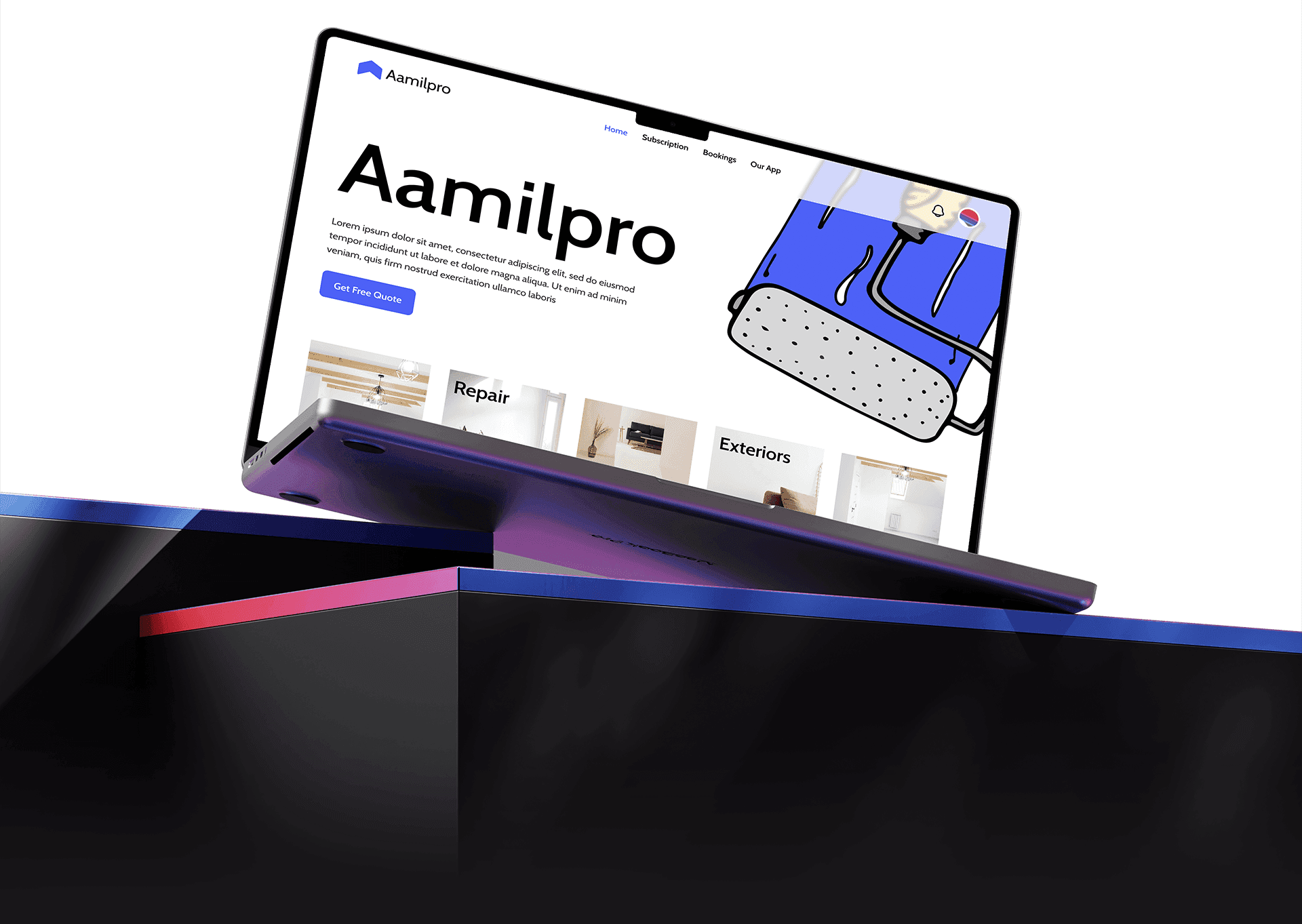 3D mockup of a laptop displaying the Aamilpro website homepage with a modern blue and white interface and illustrated graphics