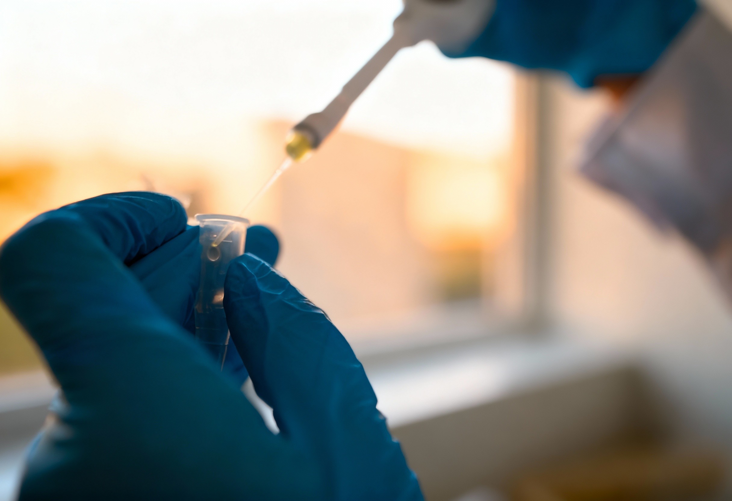 Gloved hands hold a test tube while a pipette adds liquid in a laboratory setting.