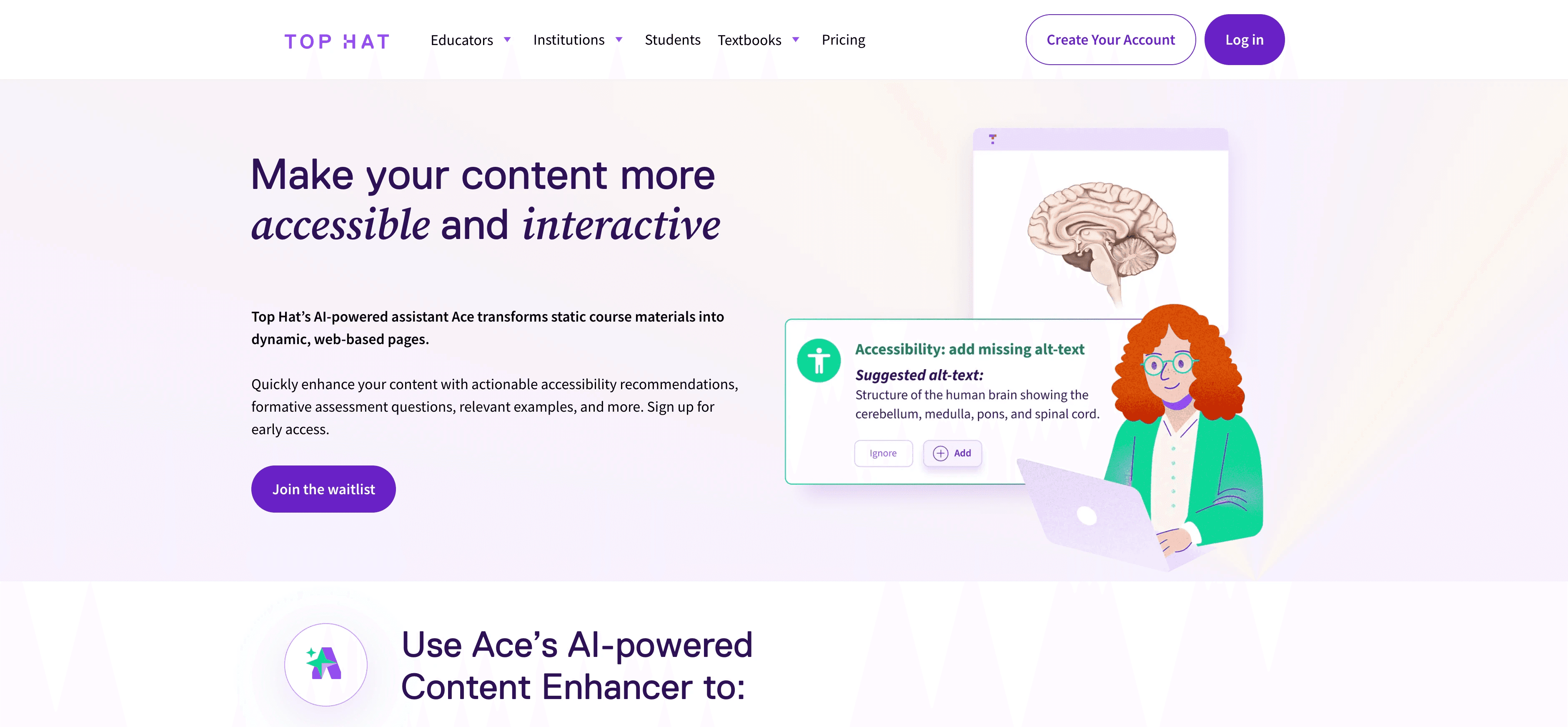 Marketing landing page for Top Hat’s Ace Content Enhancer, highlighting AI-powered tools to make course content more accessible and interactive, with an example suggestion for adding alt text to an image.