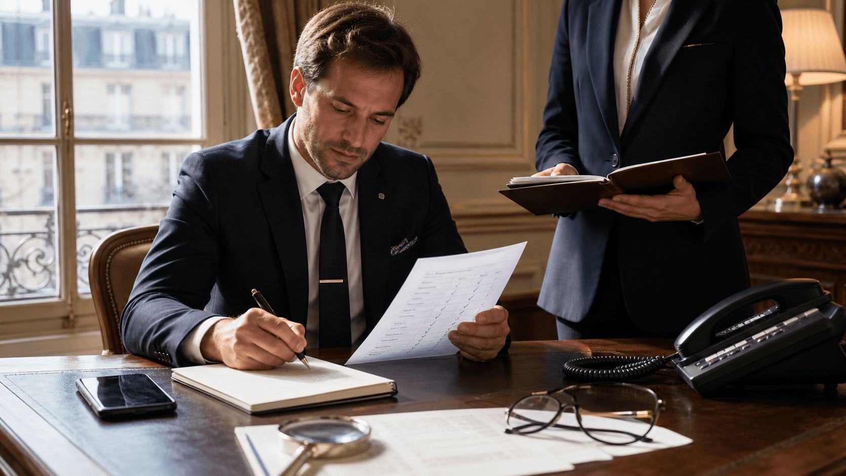 Performance site conciergerie de luxe : notes, téléphone et smartphone off en bureau