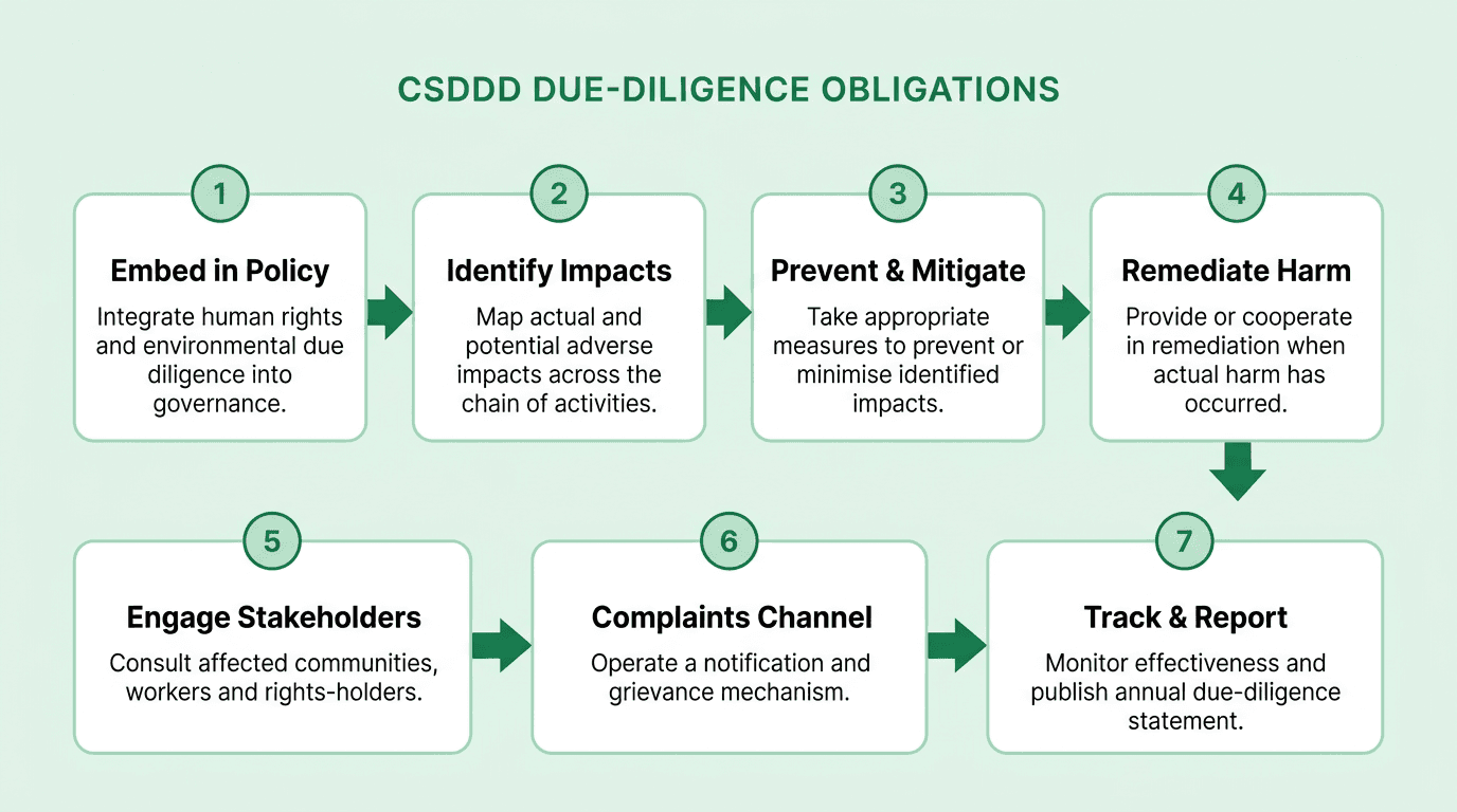 CSDDD due-diligence obligations mapped as a seven-step flow from policy embedding through to annual reporting, showing the operational steps enterprises must execute across their chain of activities