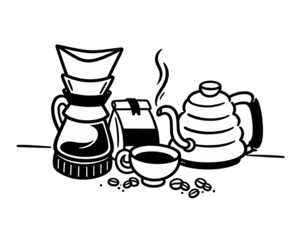 Line illustration of a pour-over, coffee bag, kettle and cup