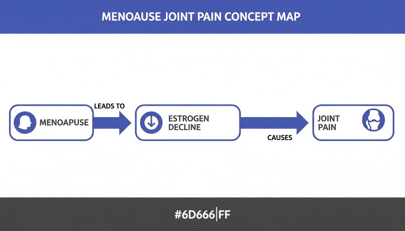 Concept map illustrating how menopause leads to estrogen decline, which causes joint pain.