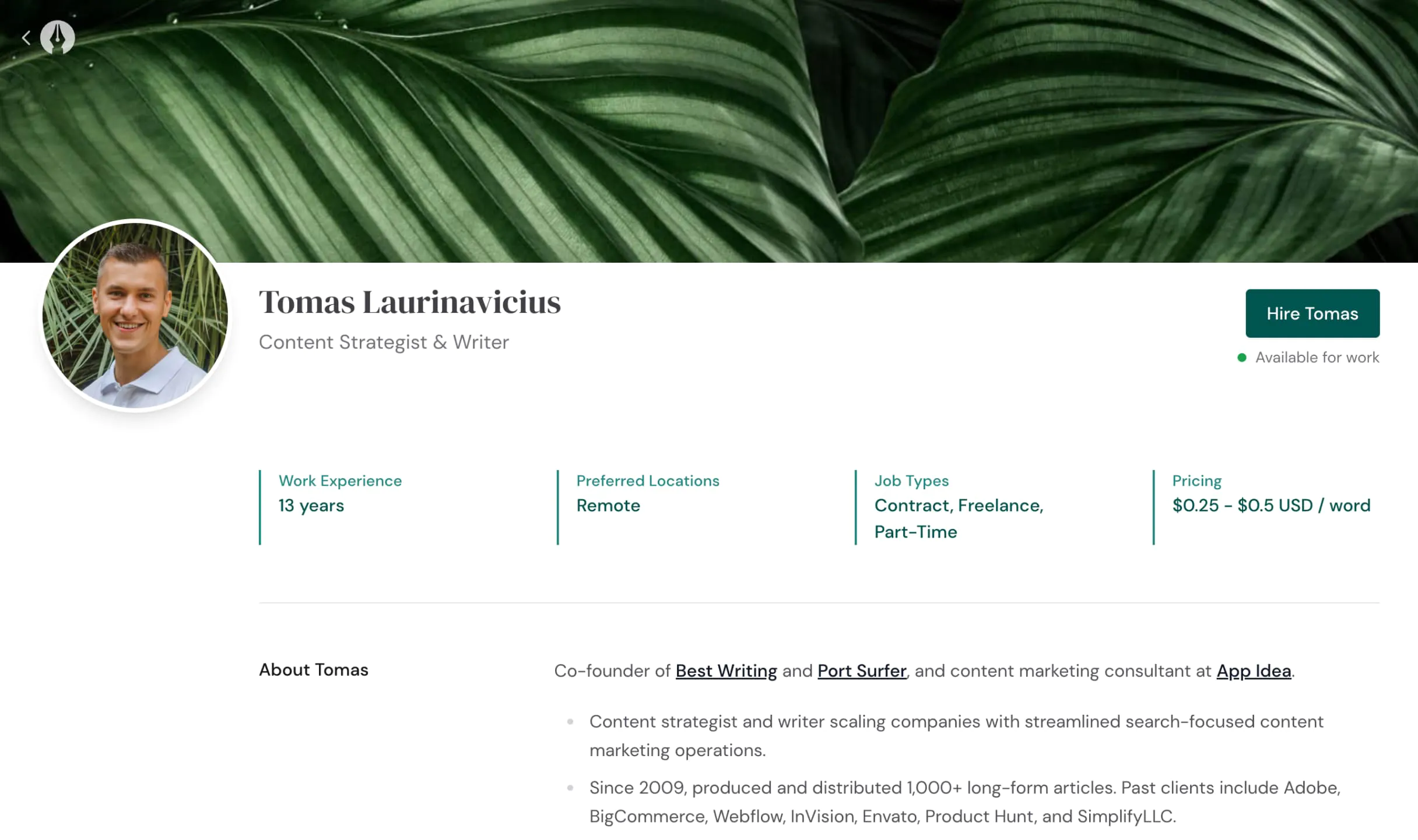 A screenshot of the portfolio page of Tomas Laurinavicius