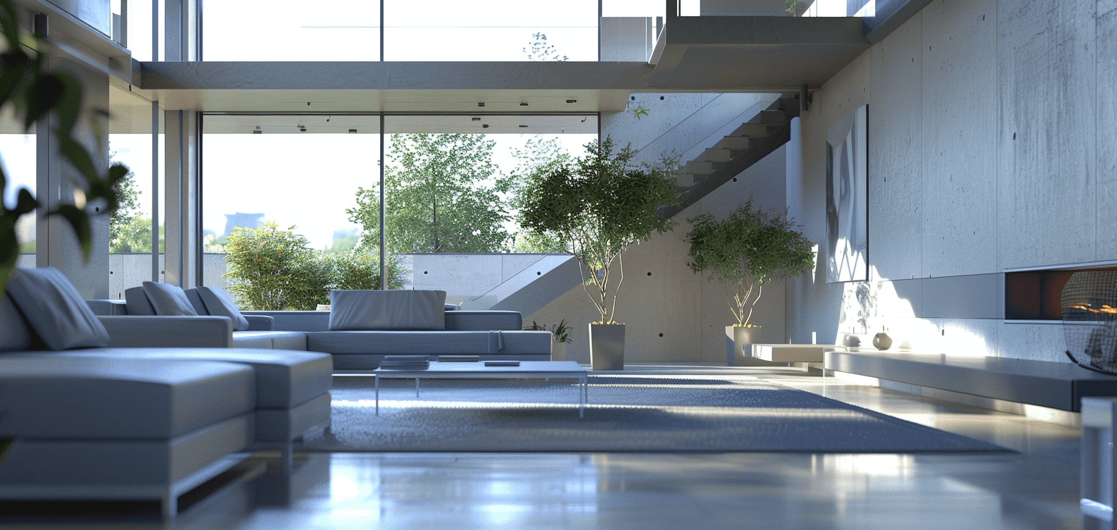 A serene bedroom with purple tones, a minimalist bed, wooden nightstands, and soft natural lighting.