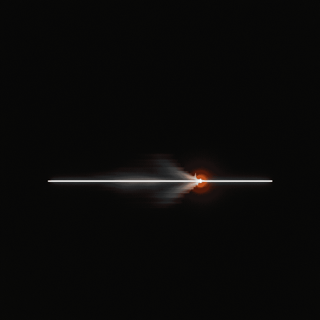 A single thin line of orange light bisecting a dark architectural void with depth