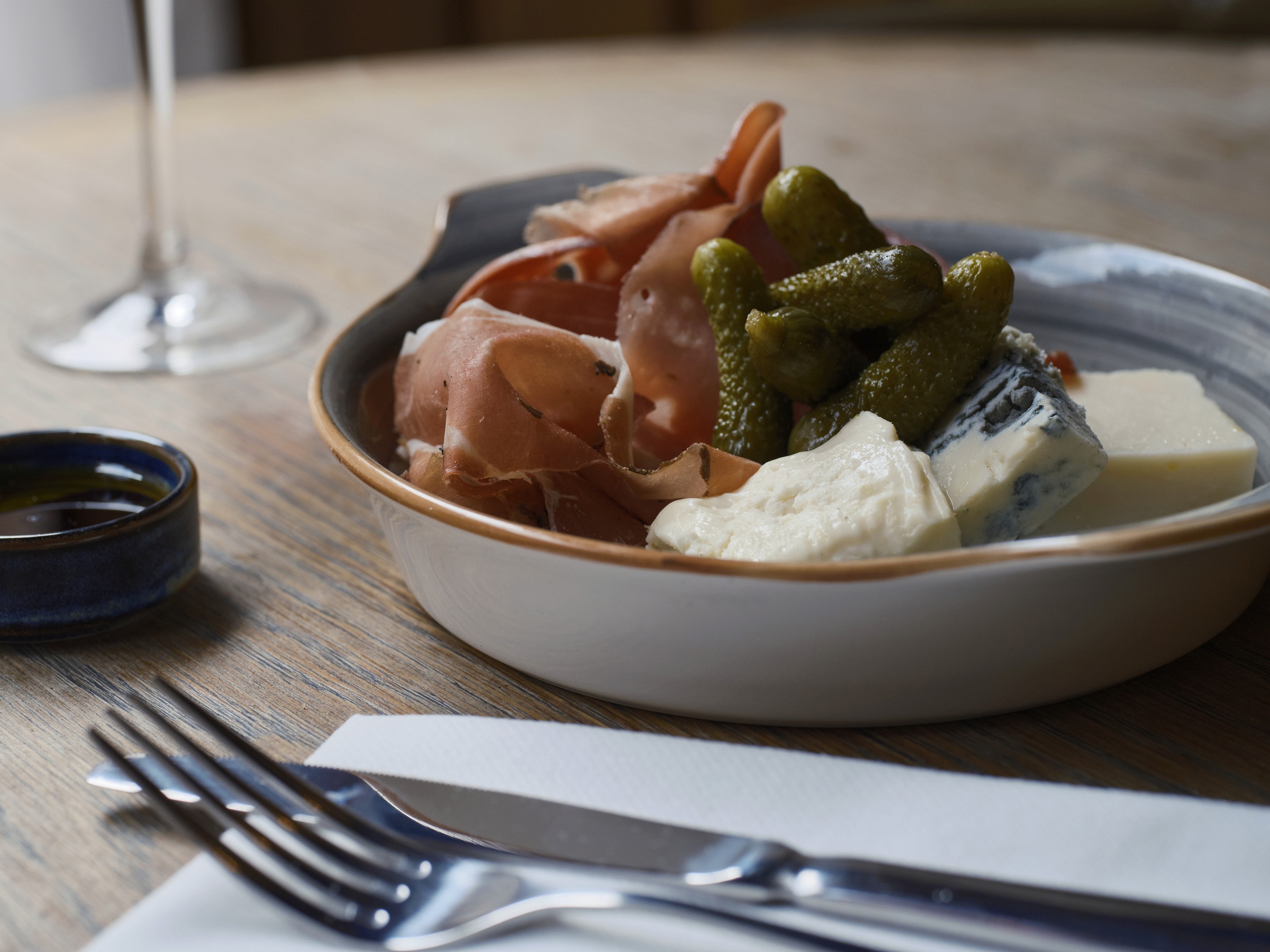 prosciutto, cheese, gherkins