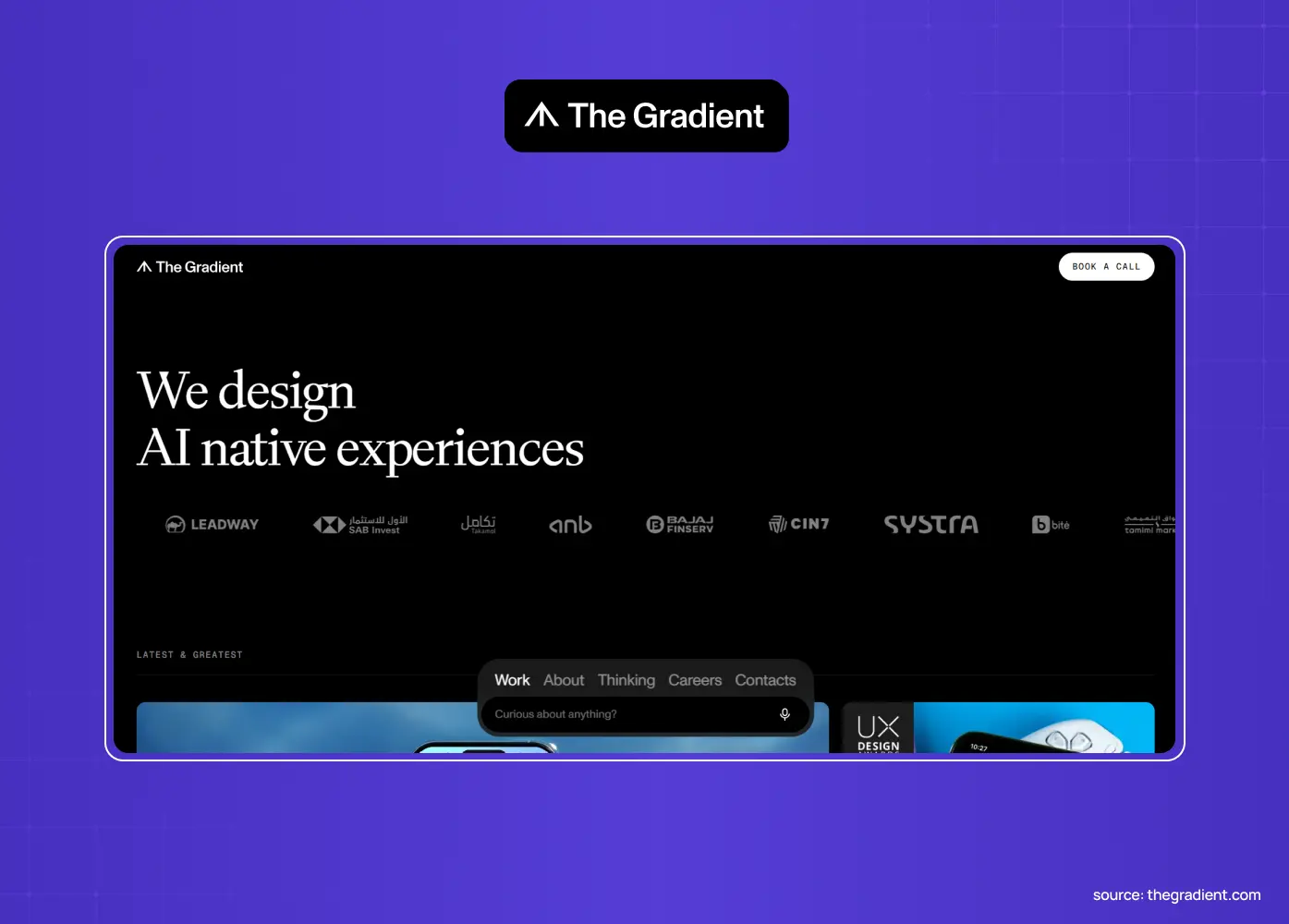 The Gradient website featuring the headline “We design AI native experiences” on a dark minimalist background with client logos.