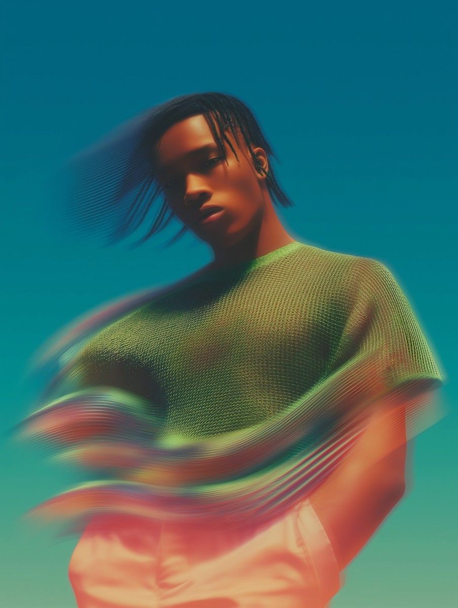 In this surreal, digitally enhanced image, an individual stands against a vibrant turquoise sky, wearing a green mesh top and light-colored pants, with their form dynamically blurred to create a fluid, artistic effect that suggests motion and captures a modern, avant-garde fashion statement.