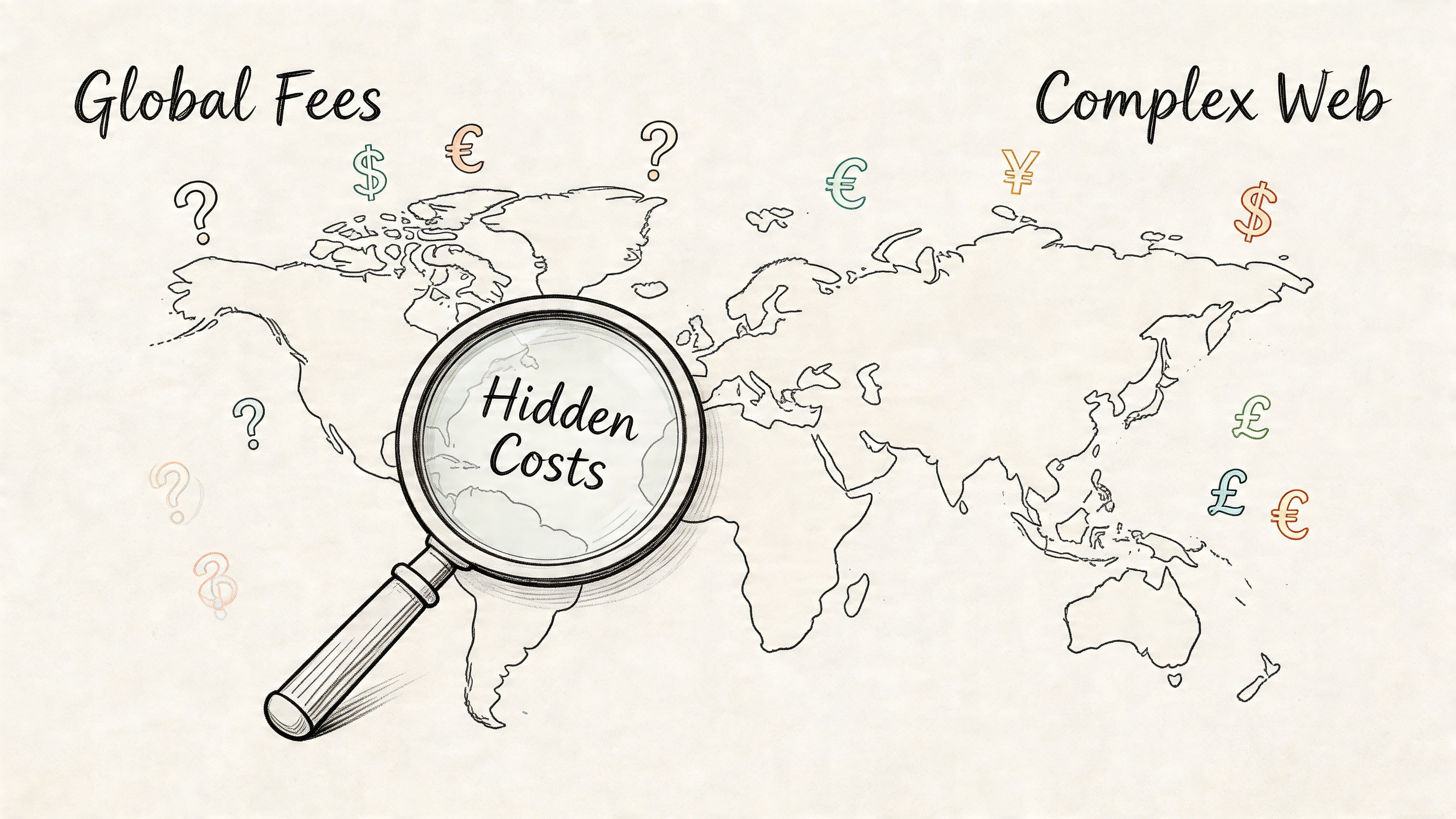 A magnifying glass focusing on the words Hidden Costs over a world map with global currency symbols.