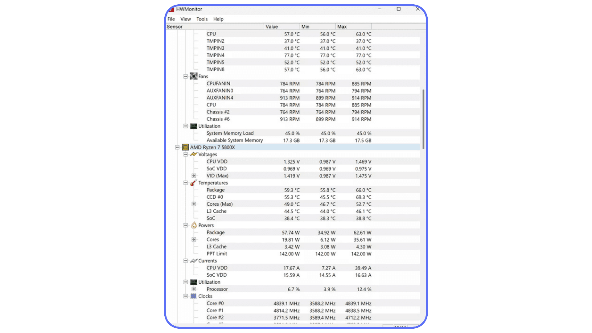 HWMonitor displaying CPU temperature, fan speeds, and power readings during AutoCAD usage to monitor system thermals.