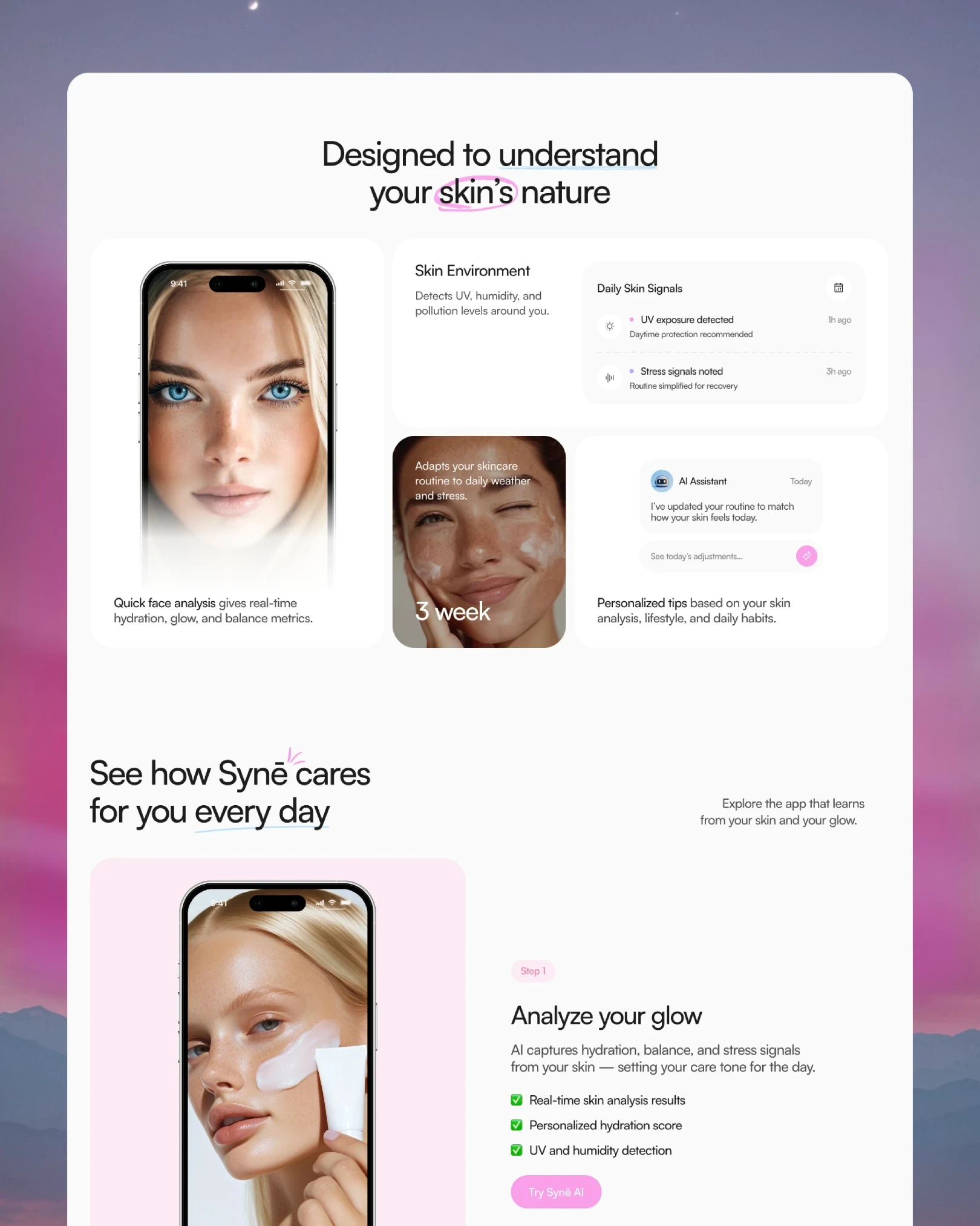 SYNÉ app screens detecting skin environment, UV and hydration signals — app UI design by Luna UI design studio
