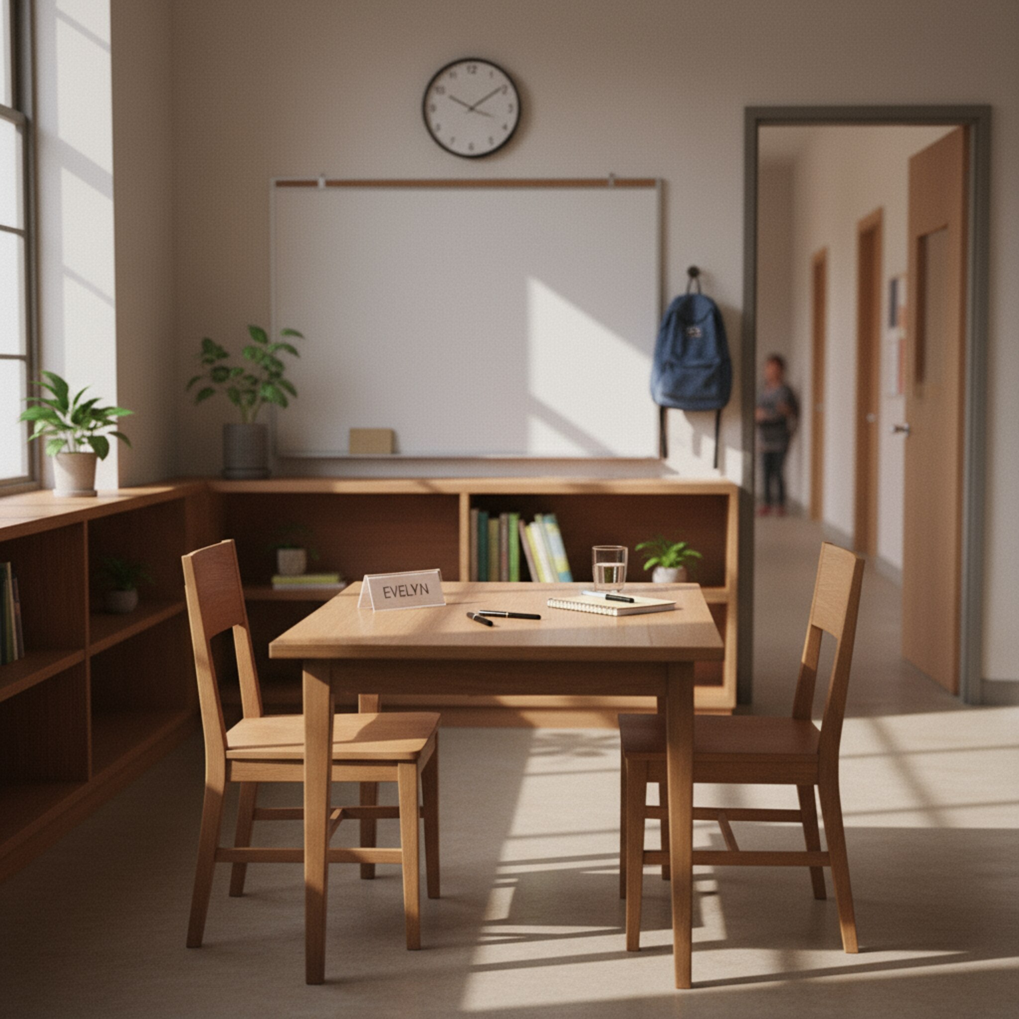 Ein kleiner Besprechungstisch in einem ruhigen Klassenraum, zwei Stühle stehen einander zugewandt. Eine Uhr an der Wand signalisiert kurze, feste Zeitfenster. Ein Namensschild auf dem Tisch und eine offene Tür mit gedämpften Stimmen zeigen, dass das nächste Gespräch gleich beginnt.