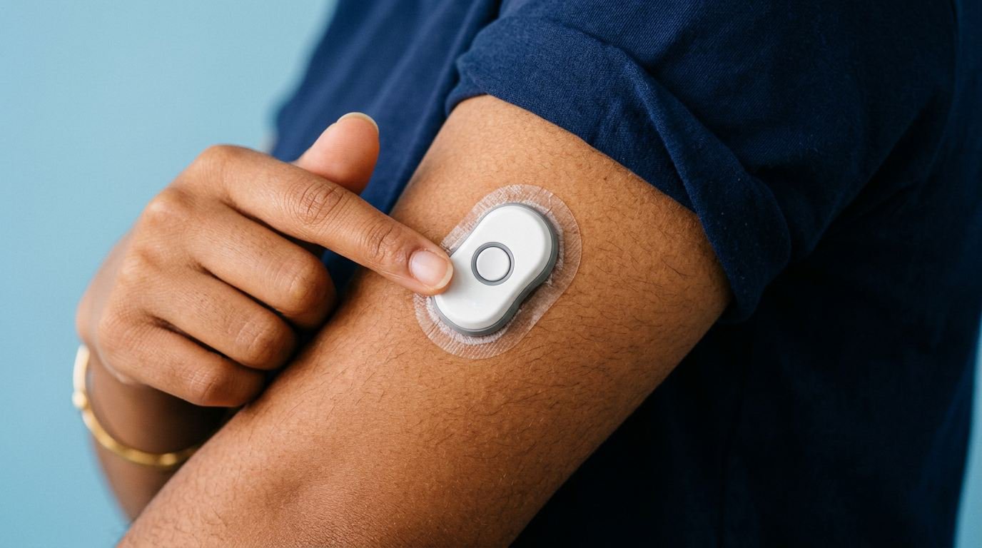 Close up image of a person holding a monitor on their arm
