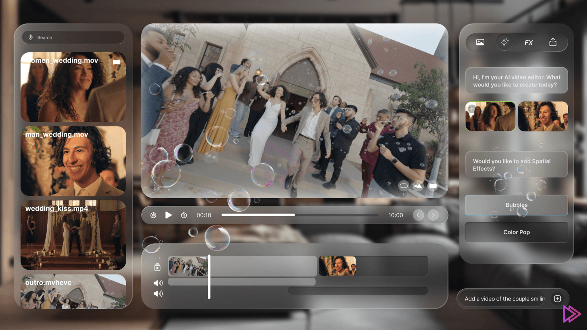 Screenshot of the SpatialCut video editing interface showing a wedding video on the left, with a close-up of a smiling bride. The right side of the screen displays editing options, including the addition of spatial effects such as ‘Bubbles’ and ‘Color Pop.’ The interface features a chat window with an AI video editor offering suggestions for adding effects. Thumbnails of video scenes are also visible, providing a preview of the available content for editing.