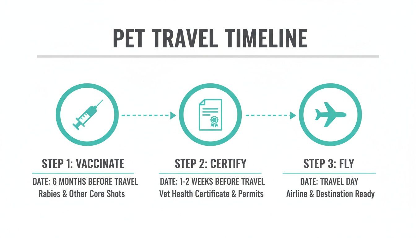 Infographic showing a three-step pet travel timeline: vaccinate, certify, and fly.