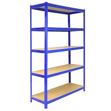 Sturdy blue shelving with wooden tiers ideal for organizing storage boxes Dubai in homes or warehouses.