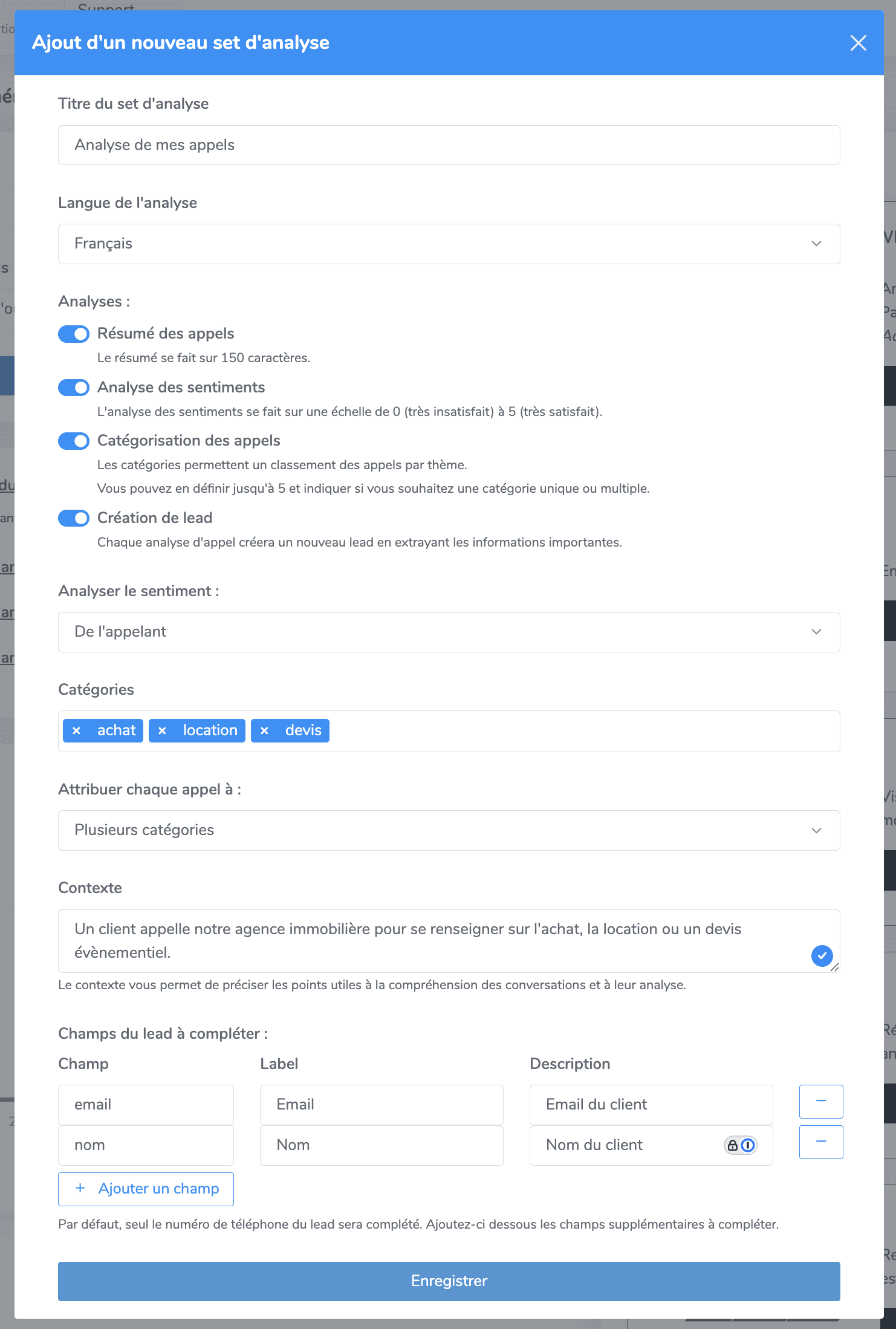 Configuration du set d'analyse