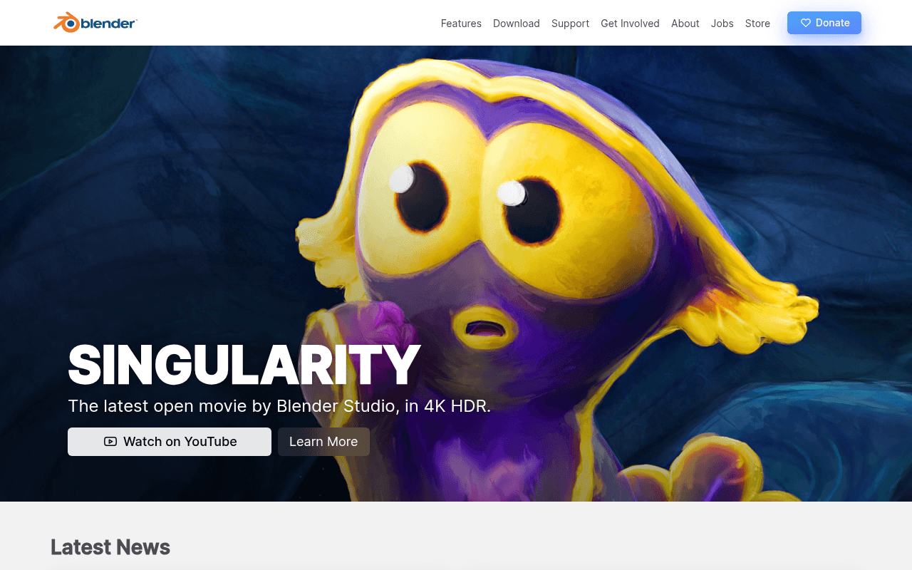 Blender homepage screenshot featuring the Singularity open movie announcement