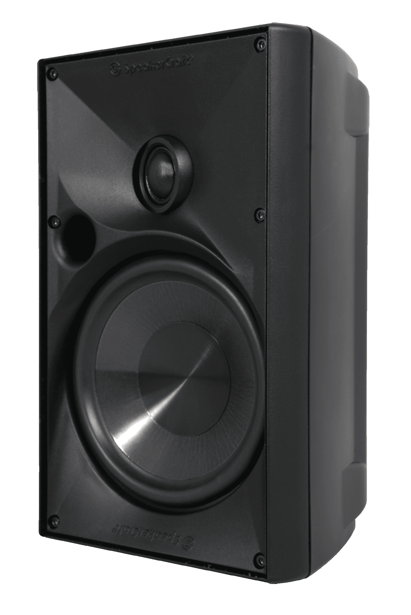 Black outdoor speaker with woofer and tweeter.
