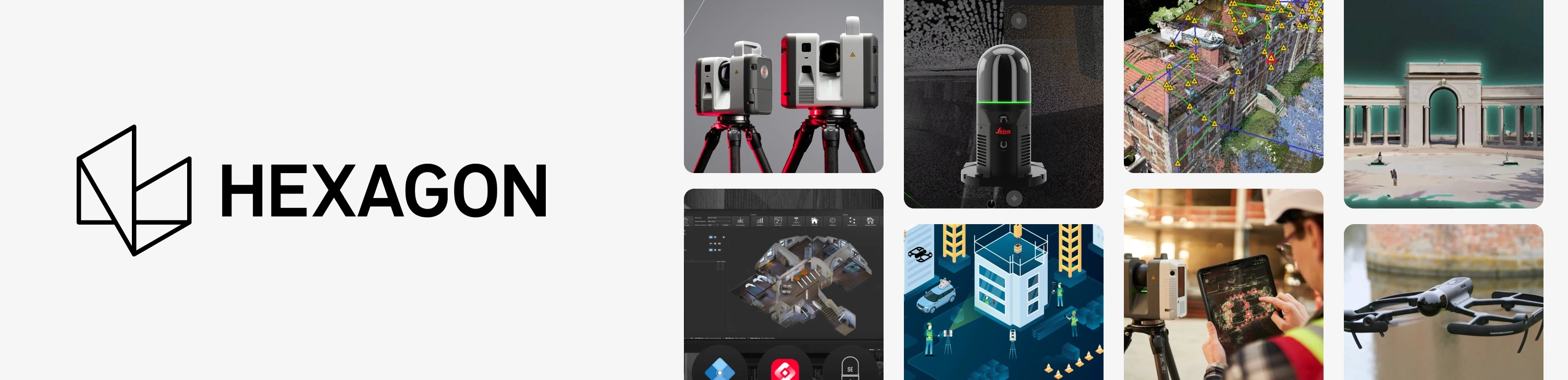 Hexagon logo beside images of Leica laser scanners, point cloud survey data and reality capture software used for measurement-grade digital twins.