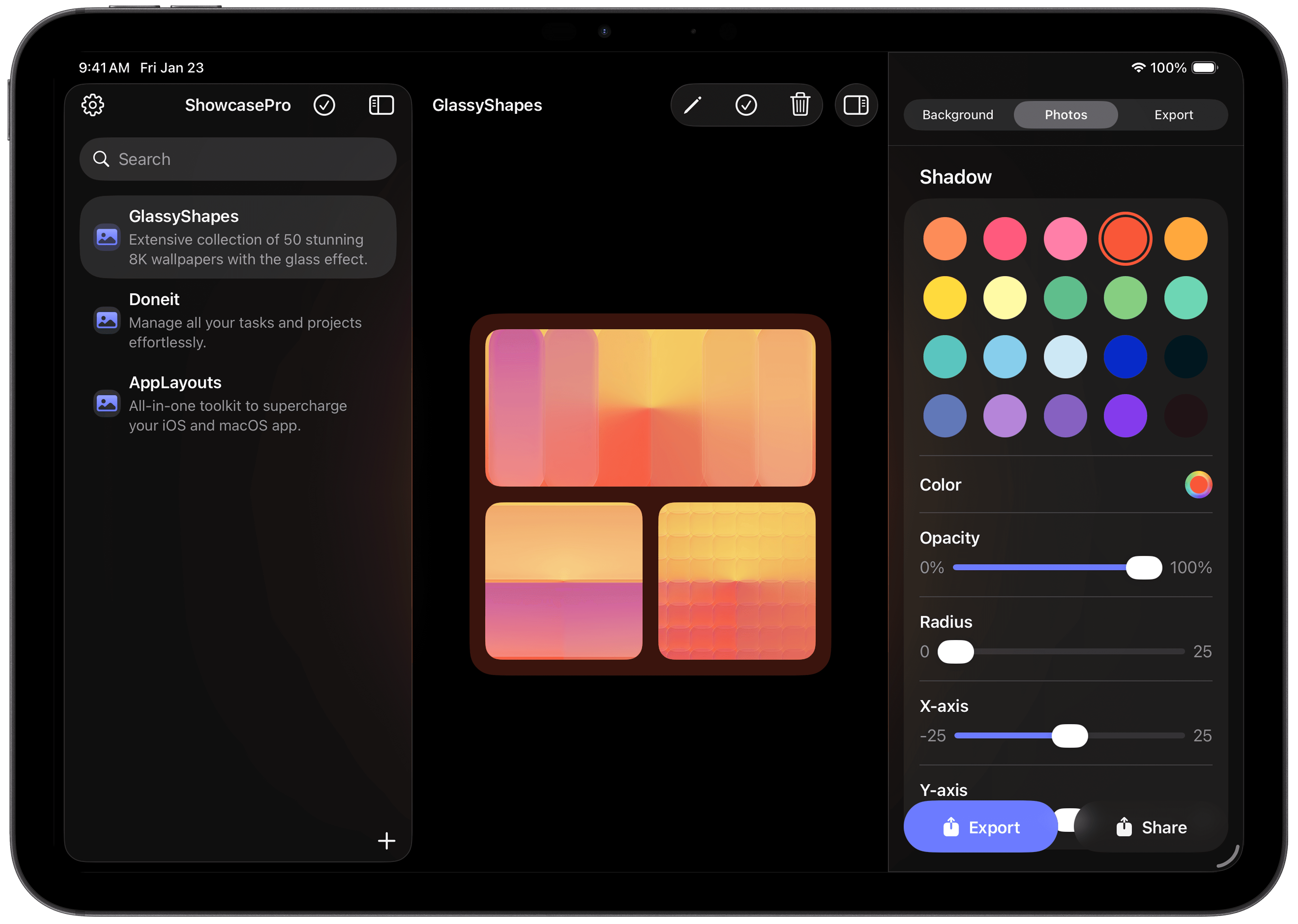 1-2 vertical layout in ShowcasePro app on iPad