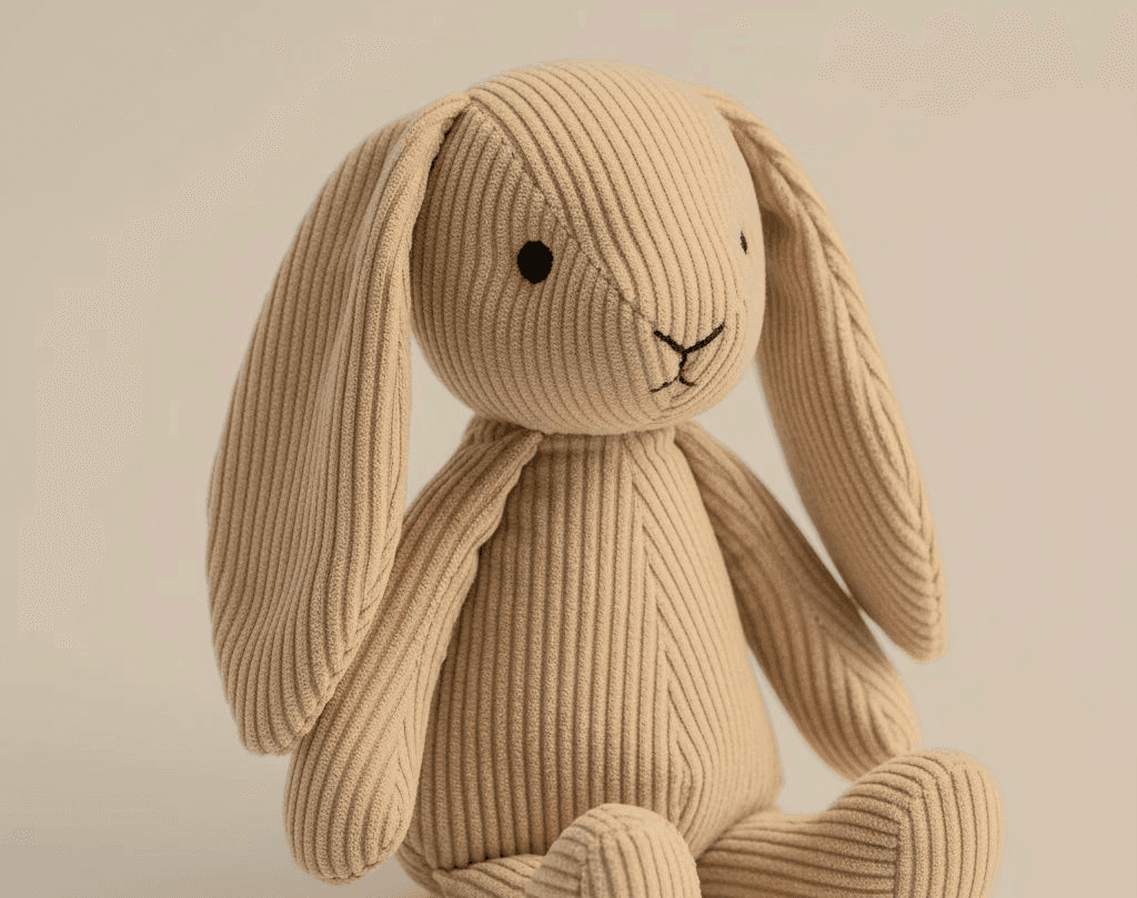 A large brown corduroy bunny stuffed animal with long floppy ears and a satin ribbon around its neck.