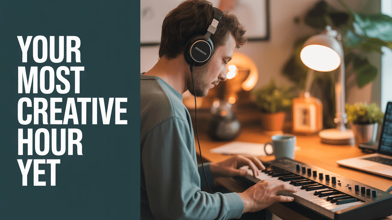 Headphone-wearing musician at keyboard in a cozy studio with Your Most Creative Hour Yet text