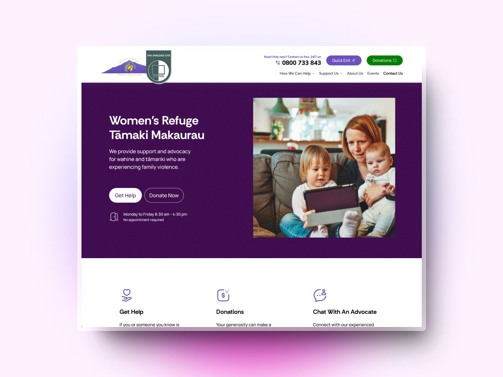 Women's Refuge Tamaki Makaurau homepage offering 24/7 support, advocacy and help services for wahine and tamariki