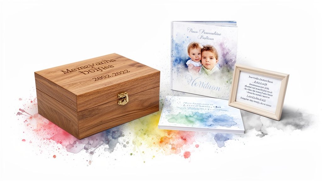 A personalized wooden box, photo album with children, a book, and framed text on a watercolor background.