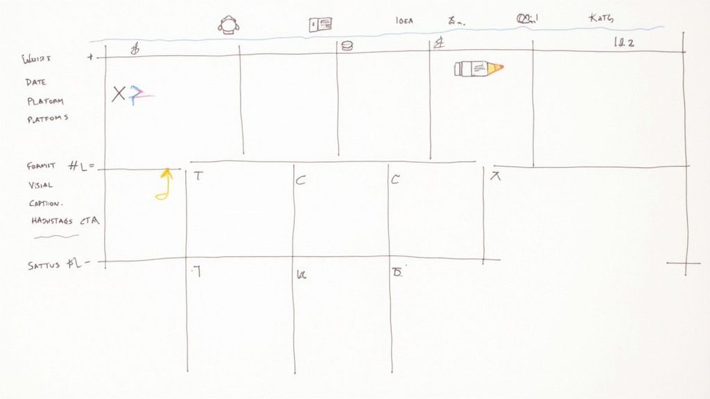 A detailed content calendar on a large screen, showing various components like dates, copy, and visuals.