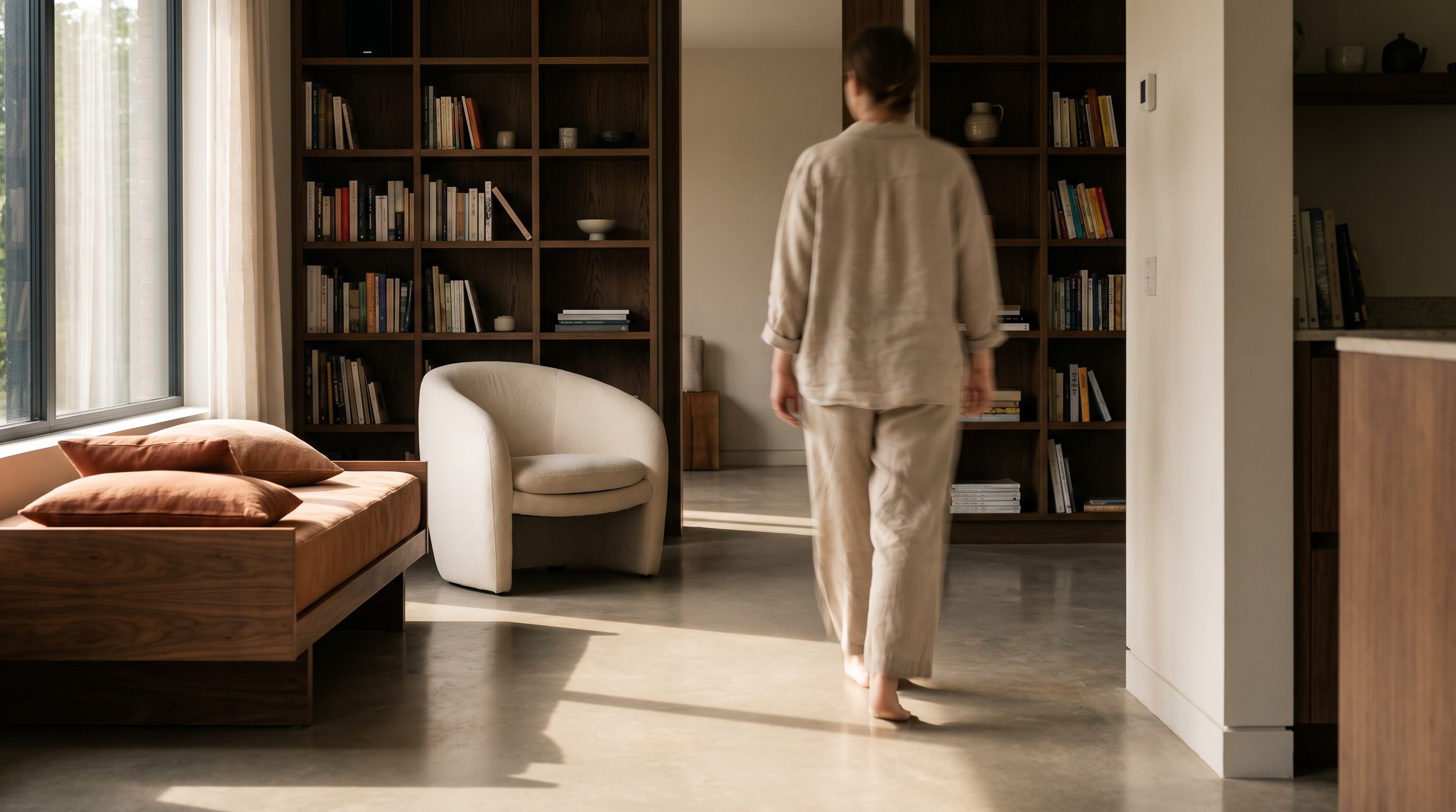 A person walking through a book-lined interior, representing Arkitekt's Interior Architecture service.