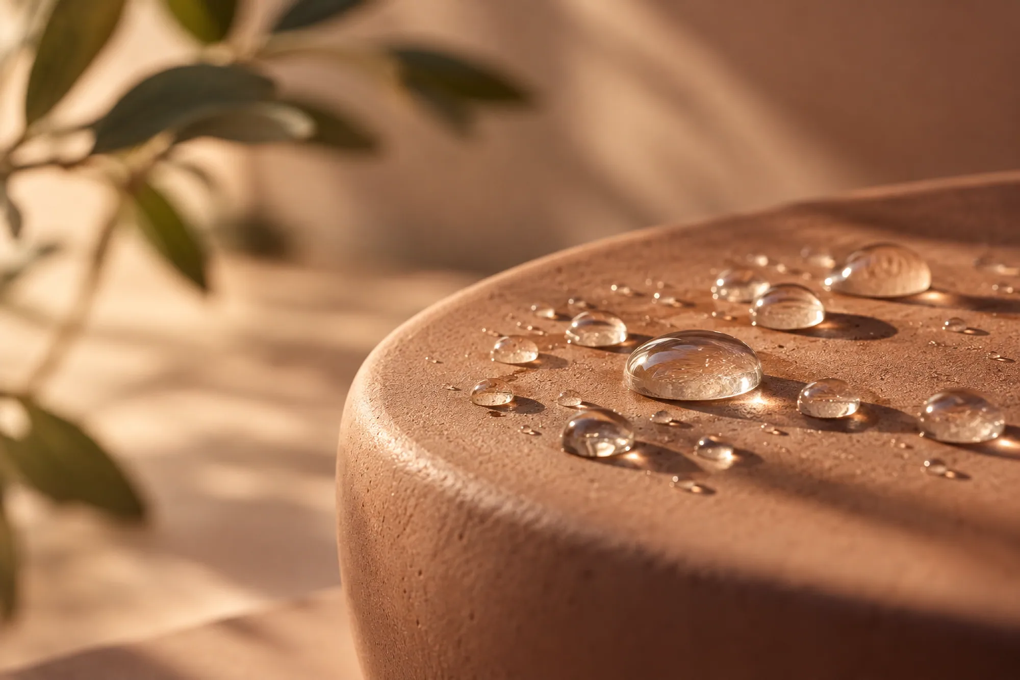 Water droplets resting on a clay-colored ceramic surface