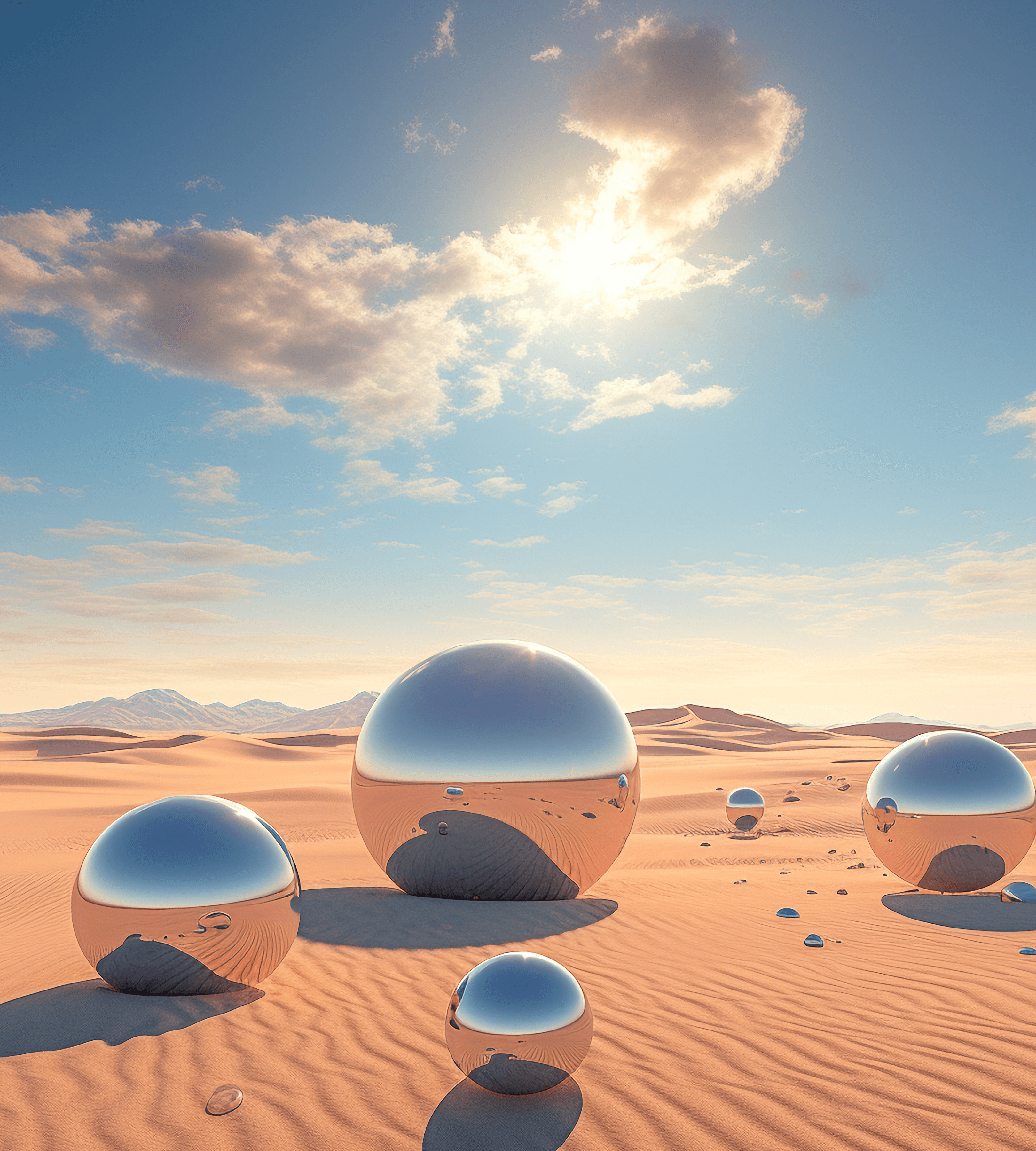 Chrome spheres reflecting a desert landscape under a bright sun.