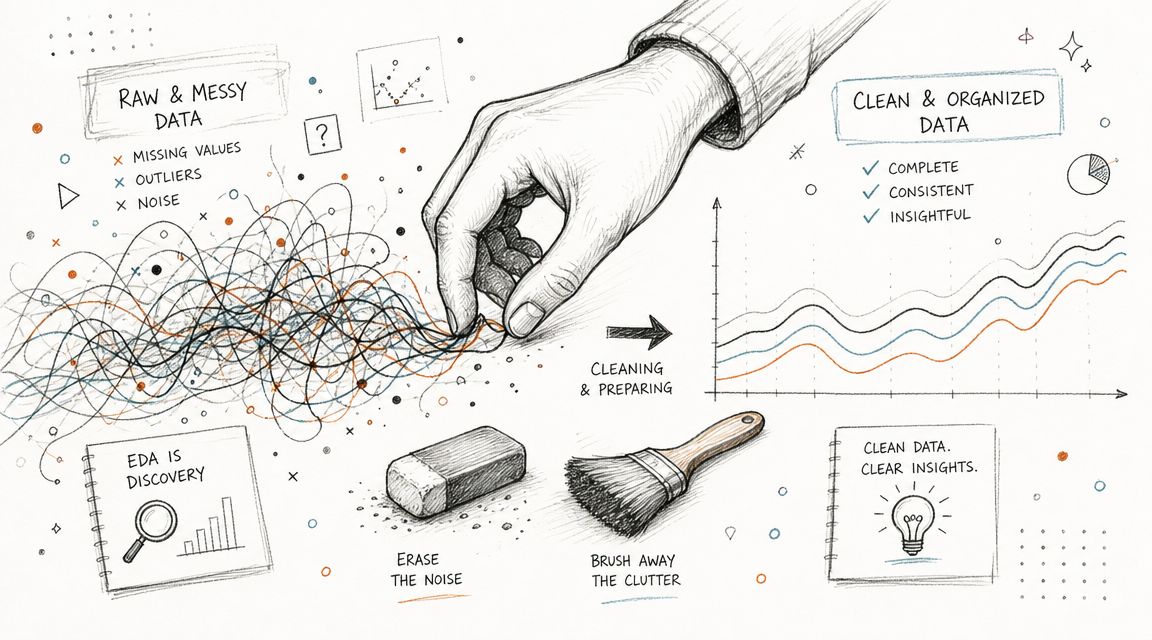 An artistic illustration depicting the data cleaning process from raw messy data to clean organized insights.