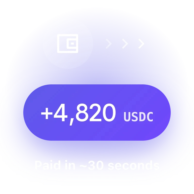 Man working on a laptop with employee wallet integrations and a 4,820 USDC payment completed in about 30 seconds.