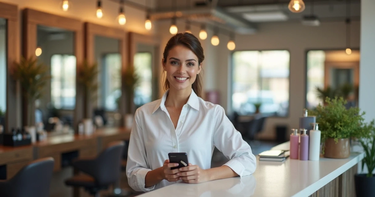 Profissional usando agenda online no celular em salão de beleza