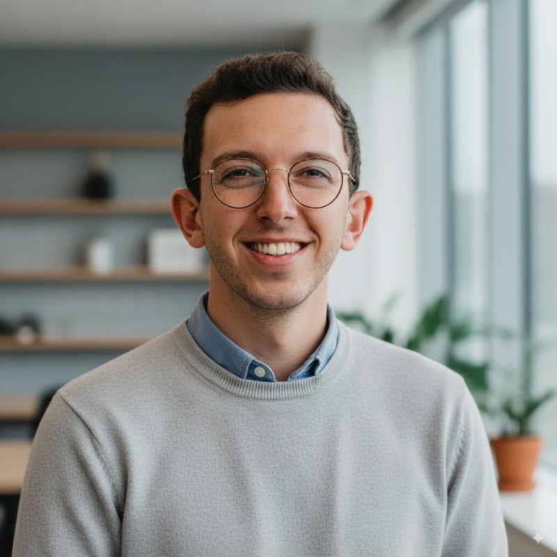 A man wearing glasses smiles softly, his eyes focused on the viewer, conveying a friendly demeanor.