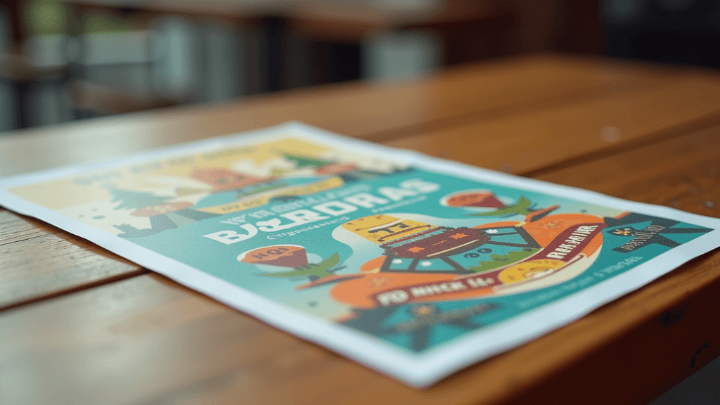 Close-up view of a colorful local event flyer on a table