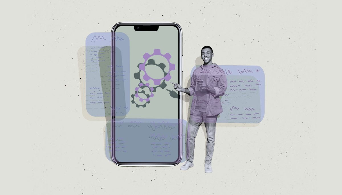 Smartphone with gears and abstract panels, symbolizing strategies for handling phone interview questions.