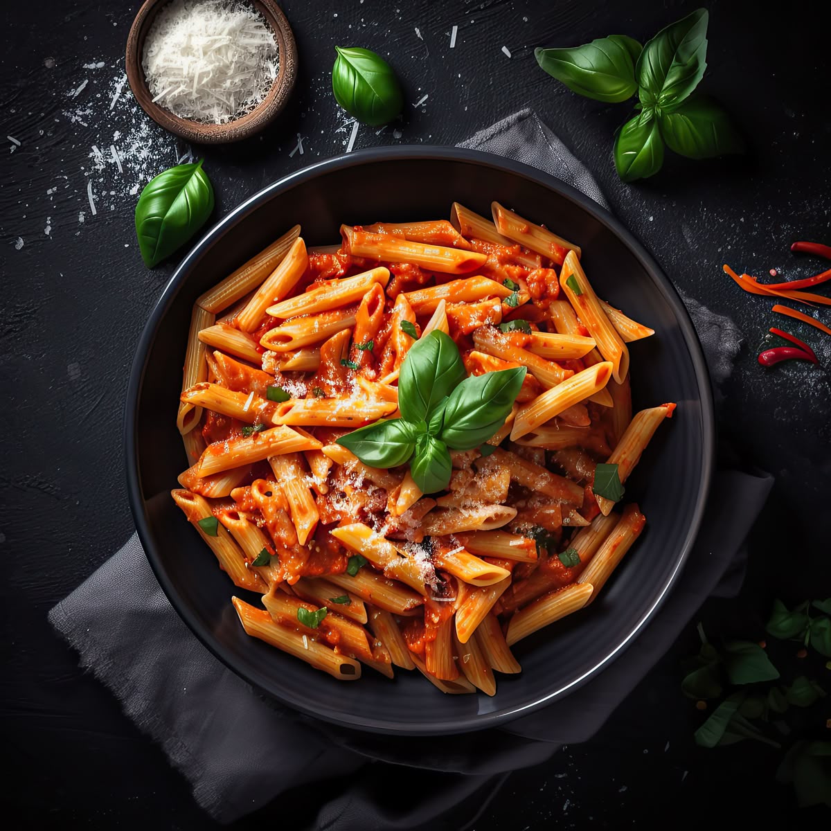 Penne Arrabbiata from Pasta 9 Toronto made with a spicy tomato sauce, garlic, chili flakes, and fresh herbs for bold Italian flavor.