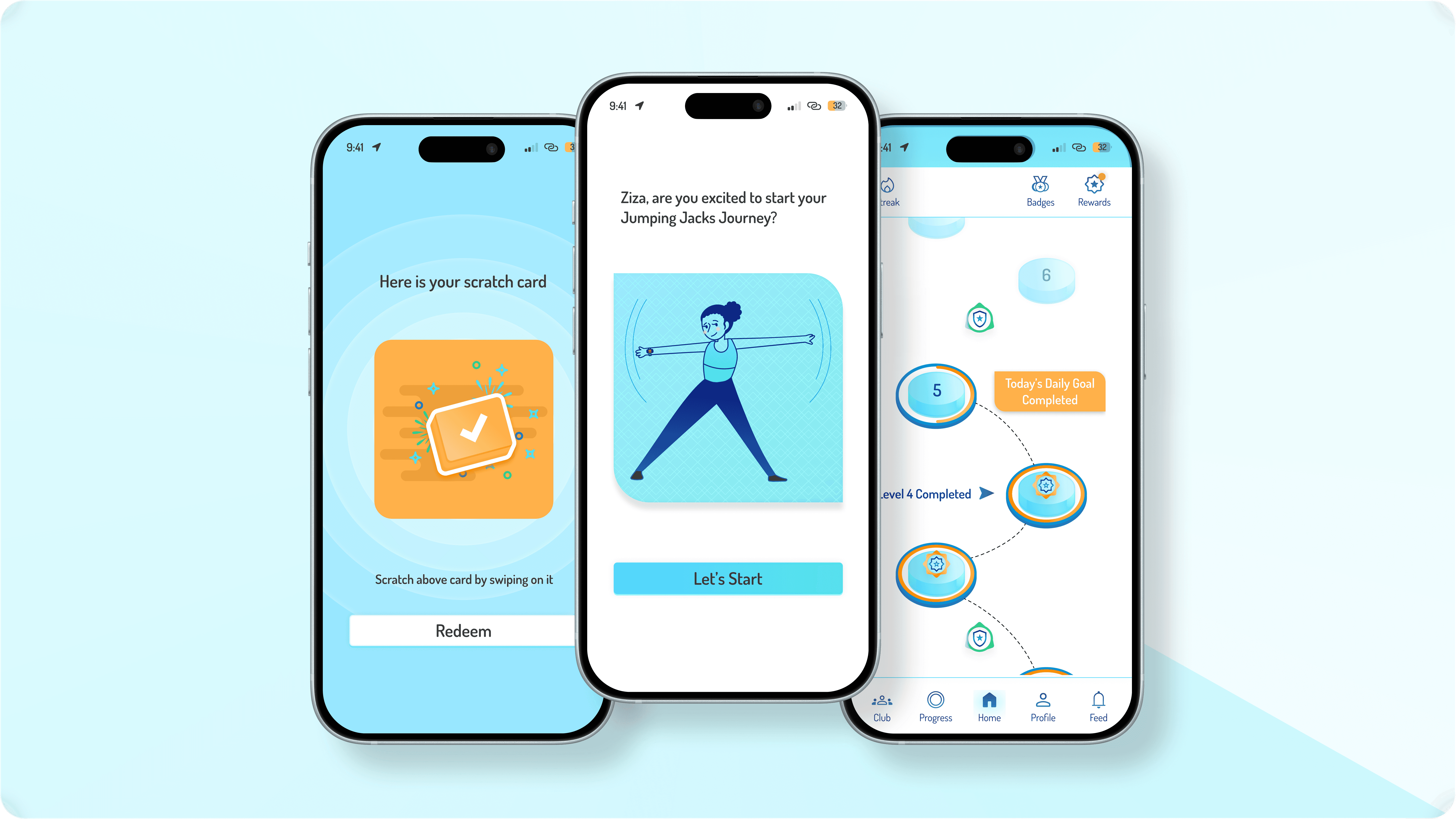 A gamified fitness app interface showcasing daily goal tracking, reward scratch cards, and engaging exercise prompts.