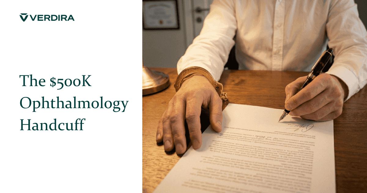 Close-up of hands signing a contract on dark wood table with gold handcuff on one wrist