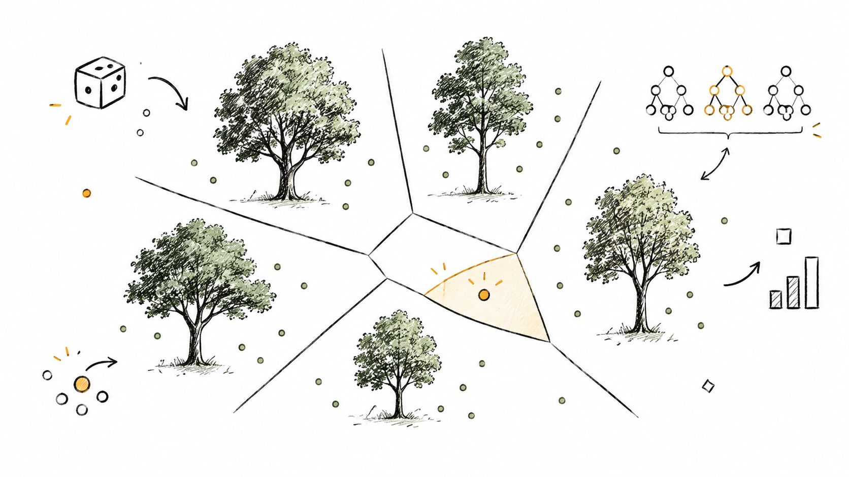 A hand-drawn infographic depicting data points and trees partitioned by geometric lines, illustrating concepts of anomaly detection.