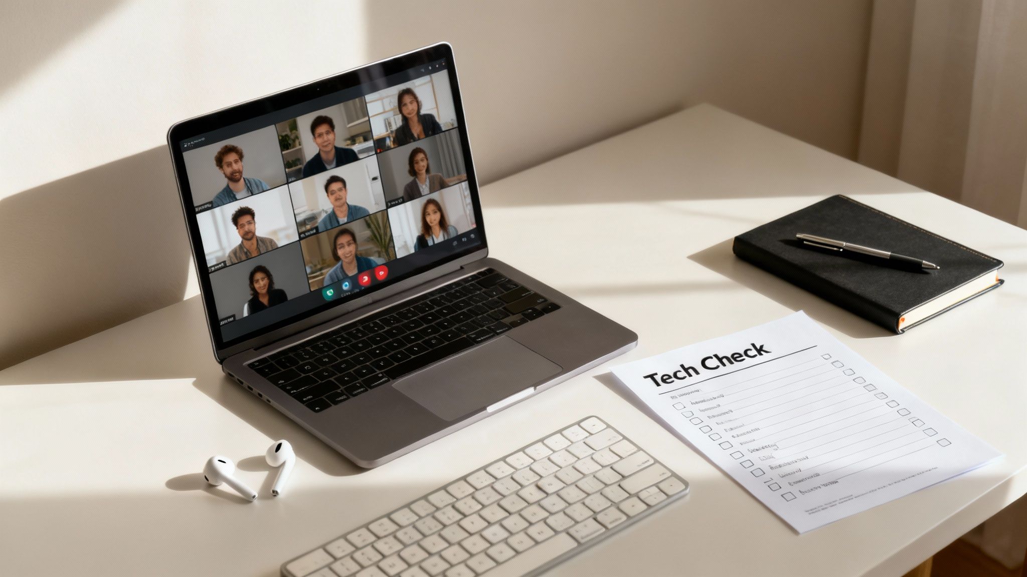 A person sitting at a desk with a laptop, looking professional for a video call.