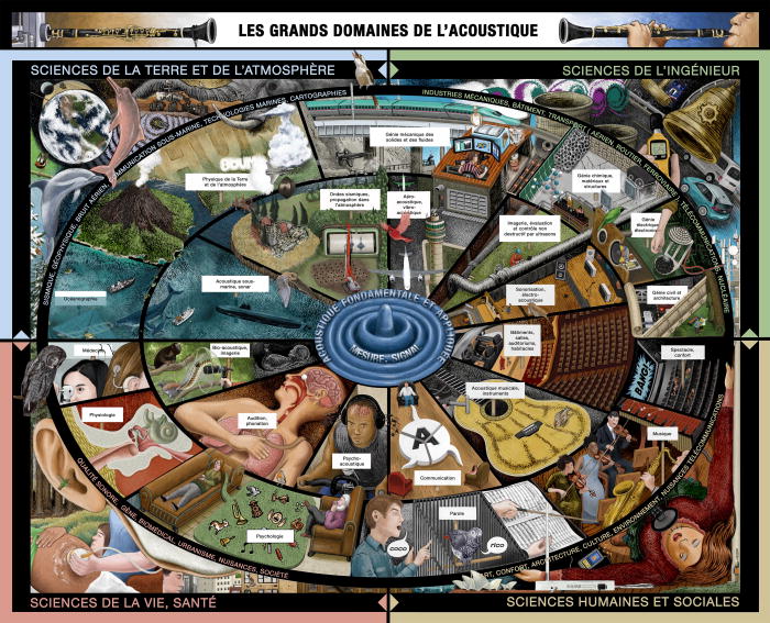 Ilustracja przedstawia koło podzielone na sekcje pokazujące dziedziny akustyki: nauki o Ziemi, inżynieria, zdrowie oraz nauki społeczne. W centrum jest akustyka teoretyczna, otoczona przykładami zastosowań.