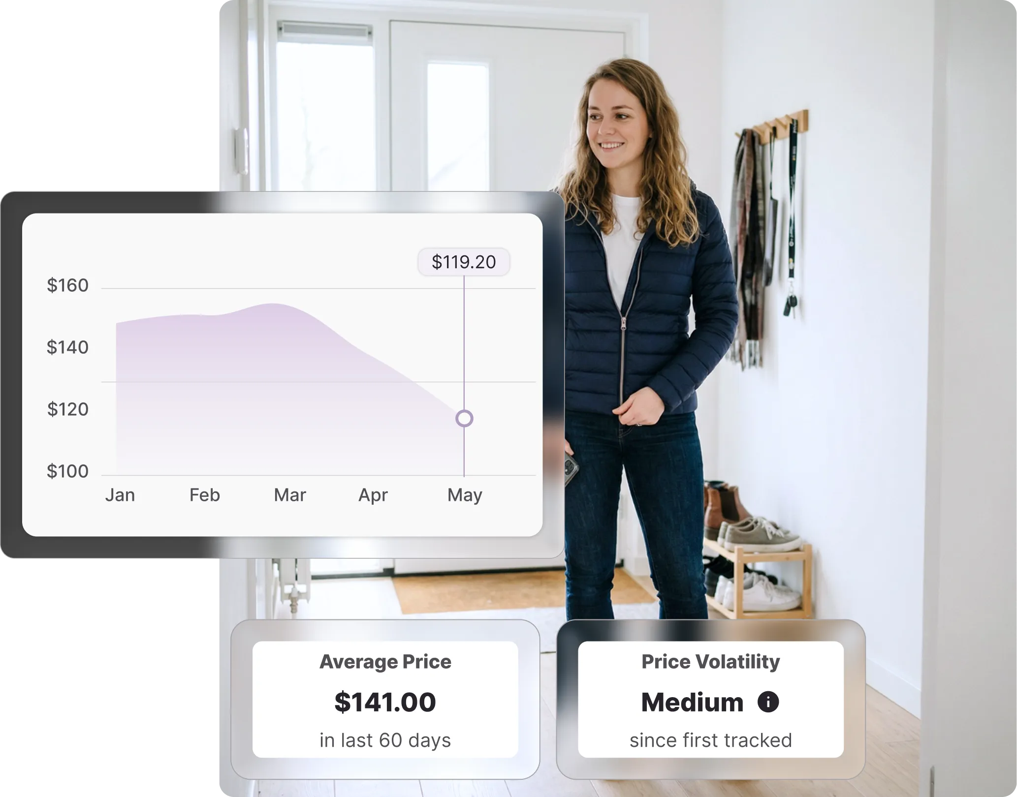 Woman in a navy Uniqlo-style puffer jacket standing in a bright hallway near a shoe rack, checking Uniqlo price history on Whisprice, with a price chart showing a drop to $119.20 overlaid on the left.